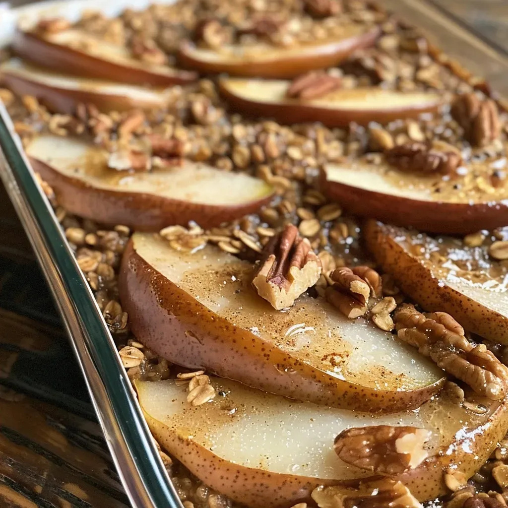 Side view of a bowl of baked oatmeal featuring pears, pecans, and warm spices.