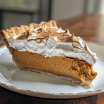 Close-up side view of a spiced chai pumpkin meringue pie with a golden crust.