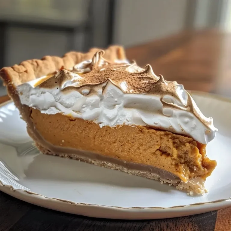 Unleash Autumn’s Warmth with Spiced Chai Pumpkin Meringue Pie Close-up side view of a spiced chai pumpkin meringue pie with a golden crust.