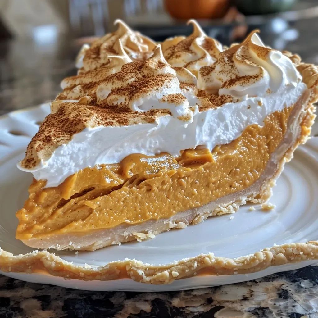 A juicy spiced chai pumpkin meringue pie displayed from the side, highlighting its creamy filling.