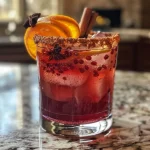 A refreshing Spiced Pomegranate Fizz Mocktail with orange slices and spices, seen from a side angle.