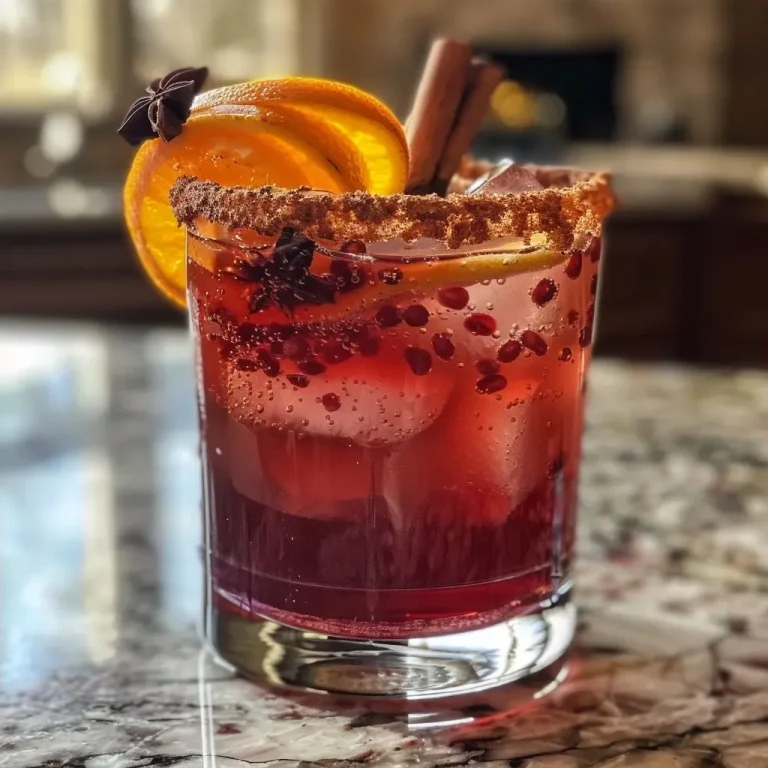 Effortlessly Refreshing: Your New Favorite Spiced Pomegranate Fizz Mocktail A refreshing Spiced Pomegranate Fizz Mocktail with orange slices and spices, seen from a side angle.