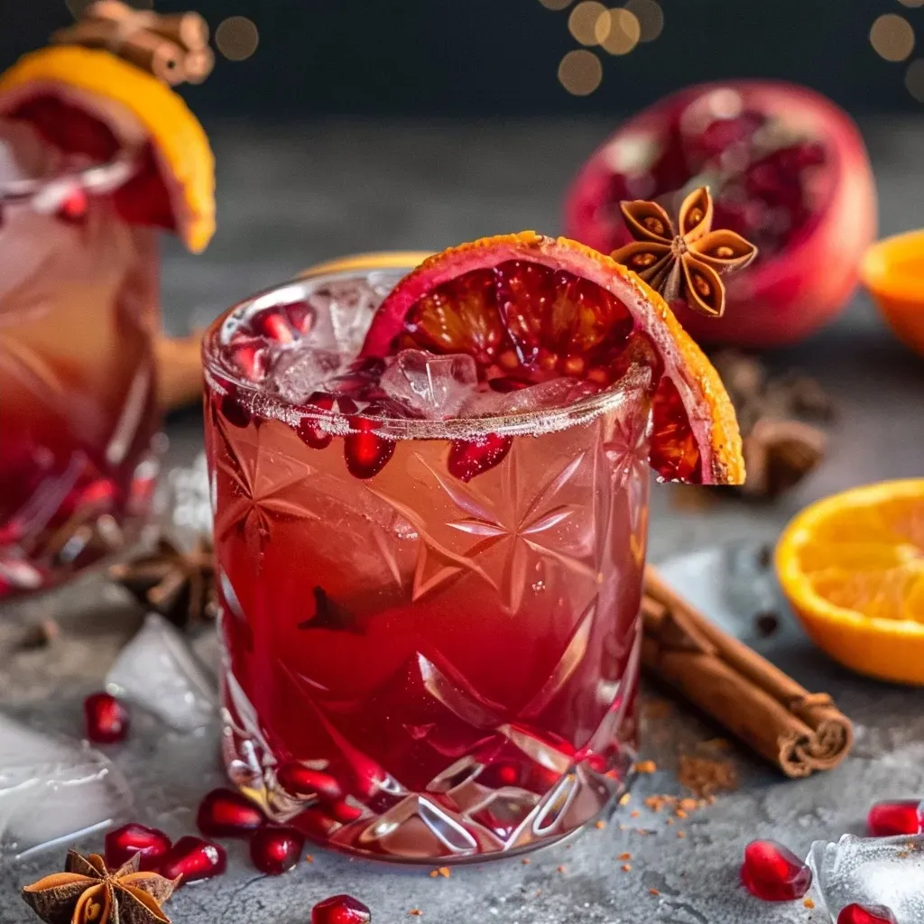 Close-up of a colorful Spiced Pomegranate Fizz Mocktail garnished with star anise and cinnamon sticks.