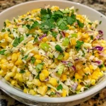 Close-up view of a colorful bowl of Spicy Corn Slaw with green onions and cilantro.