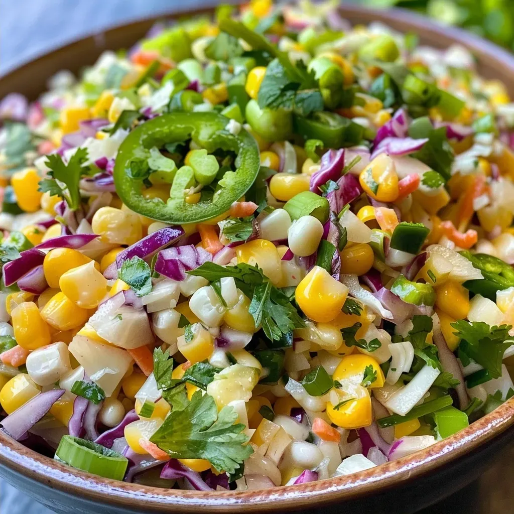 Side view of a vibrant Spicy Corn Slaw, showcasing fresh corn and jalapeños.