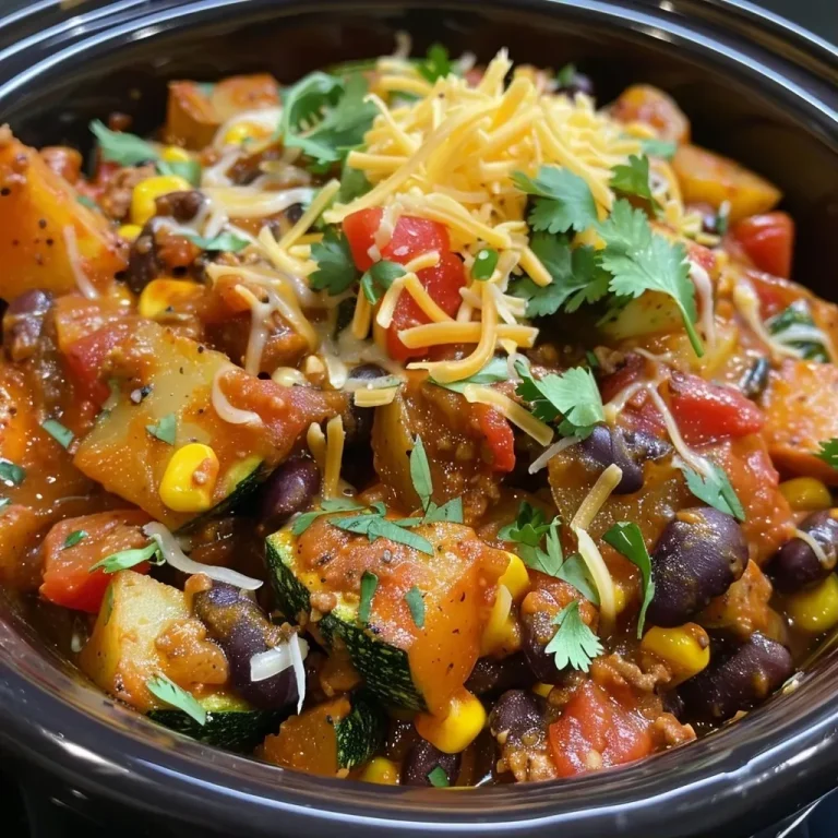 Effortless Flavor: Your New Favorite Spicy Crockpot Vegetable Casserole Close-up view of a vibrant Spicy Crockpot Vegetables Casserole with colorful layers of vegetables and beans.