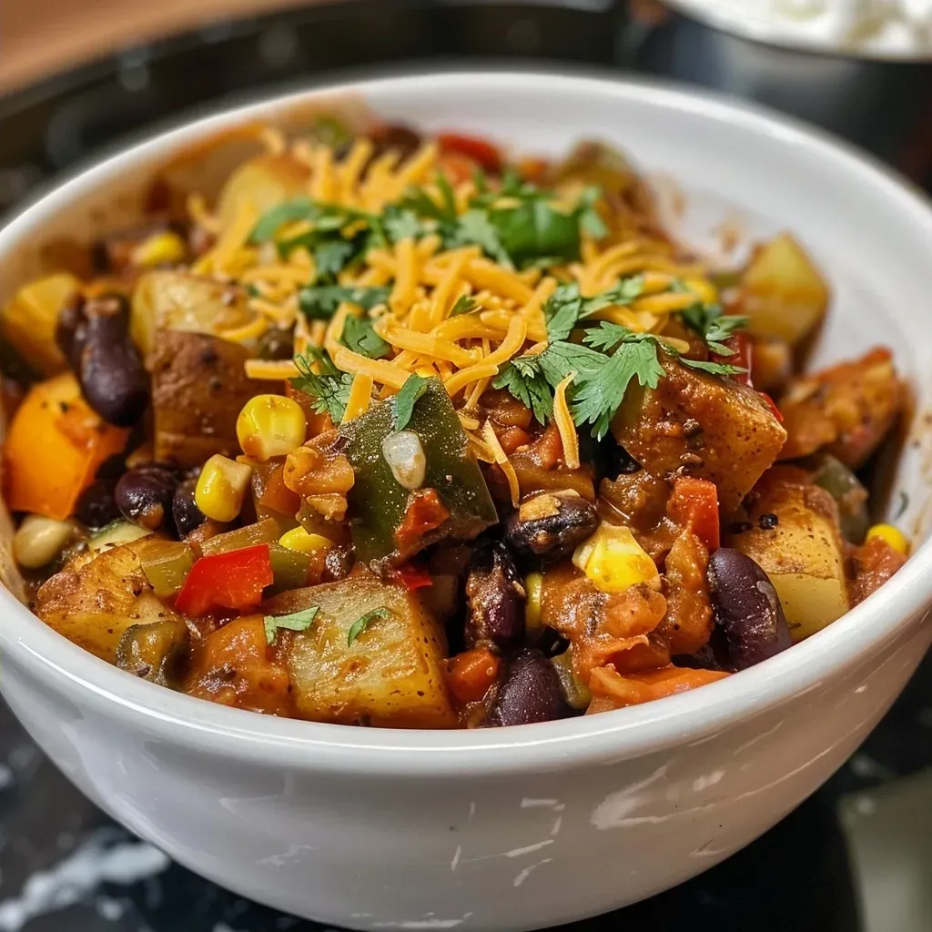 Side view of a hearty Spicy Crockpot Vegetables Casserole showcasing diced potatoes, zucchini, and bell peppers.
