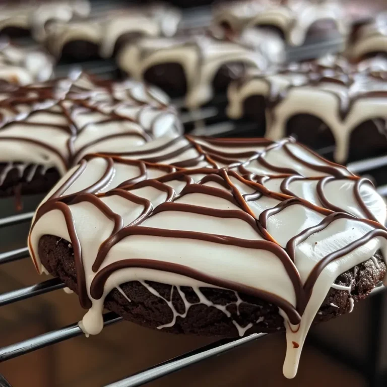 Create Hauntingly Delicious Spooky Spider Web Cookies with Ease A close-up view of chocolate brownie cookies decorated with marshmallows and spider web designs.