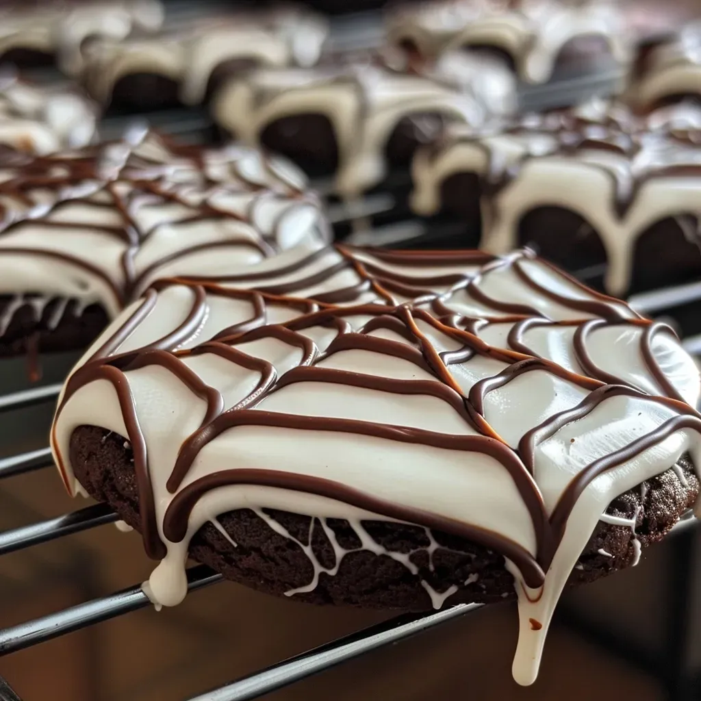 A close-up view of chocolate brownie cookies decorated with marshmallows and spider web designs.