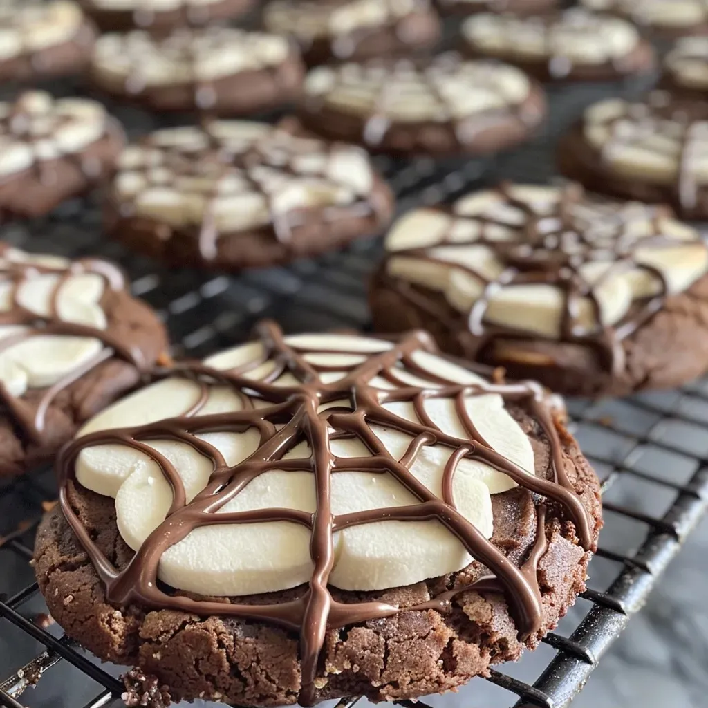 Juicy spooky spider web cookies with a glossy finish and intricate web patterns in white icing on top.