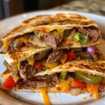Close-up view of juicy steak quesadillas with melted cheese and colorful vegetables.
