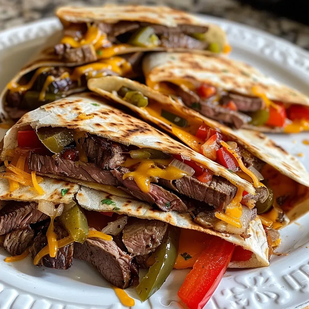 Side angle of a delicious steak quesadilla filled with cheese, peppers, and onions.