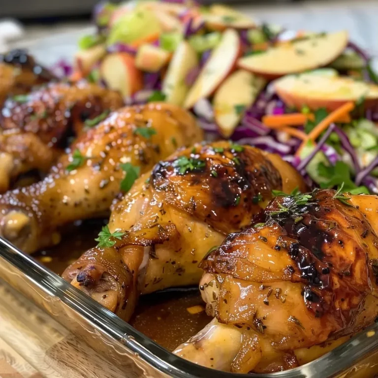 Harvest Flavors: Sticky Apple Cider Chicken Paired with Autumn Slaw Close-up view of Sticky Apple Cider Chicken thighs garnished with fresh herbs beside a colorful autumn slaw.
