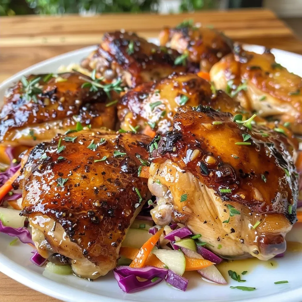 Juicy chicken thighs glazed with apple cider sauce next to a vibrant slaw featuring shredded cabbage and apple slices.