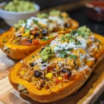 Close-up side view of a juicy stuffed butternut squash filled with ground beef and herbs.