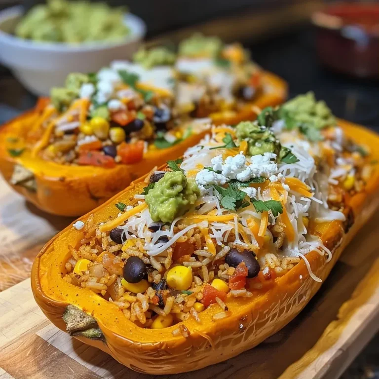 A Cozy Fall Feast: Stuffed Butternut Squash with Ground Beef Close-up side view of a juicy stuffed butternut squash filled with ground beef and herbs.