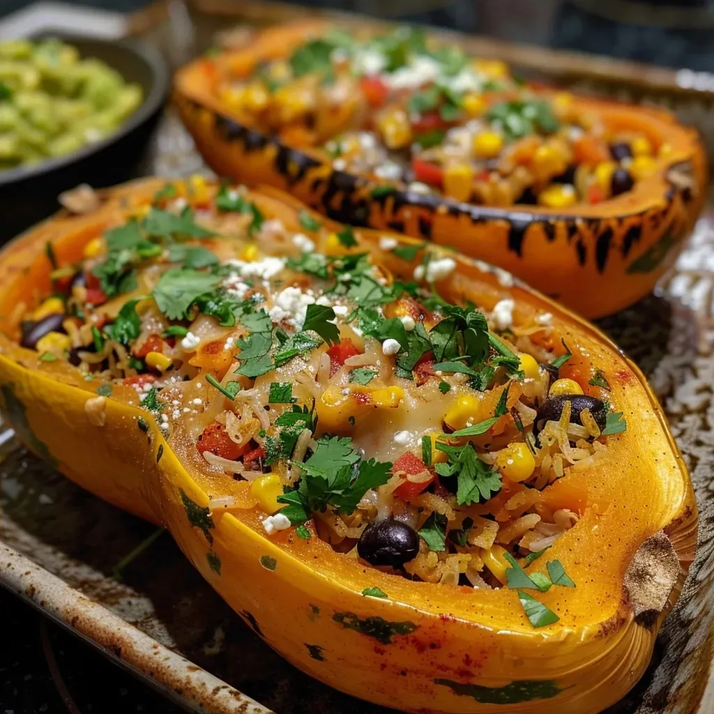 Close-up of juicy stuffed butternut squash showcasing colorful filling.