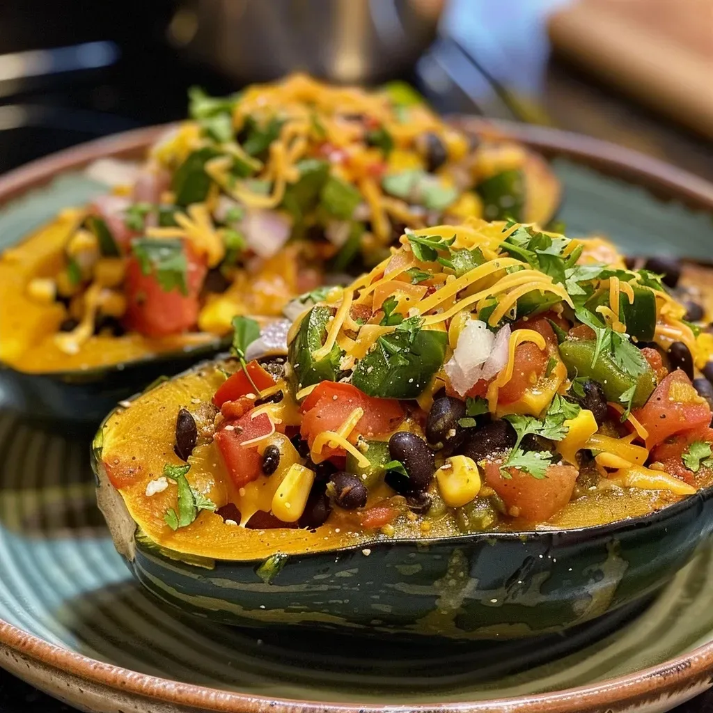 Close-up view of kabocha squash filled with beans, corn, and cheese.