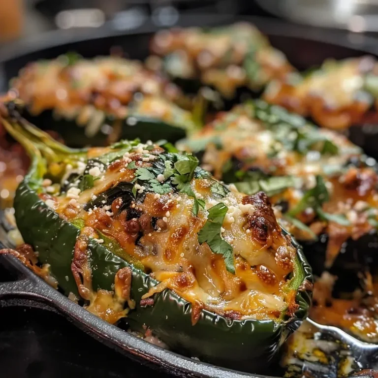 Close-up side view of stuffed poblano peppers drizzled with crema.