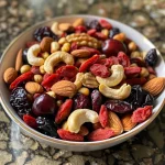 Close-up view of a colorful Superfood Trail Mix featuring goji berries, mulberries, and nuts.