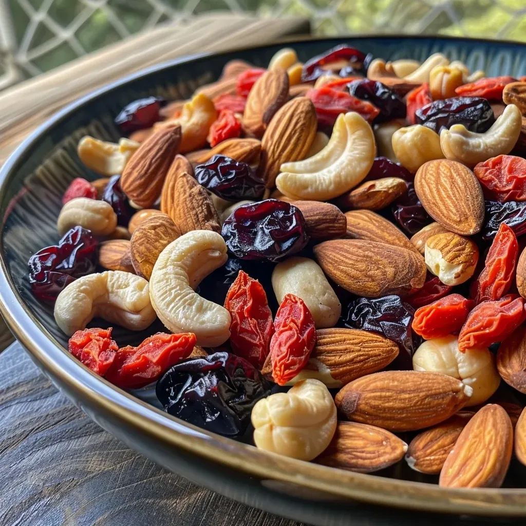 Side view of an assortment of dried fruits and nuts in a bowl, highlighting vibrant colors and textures.