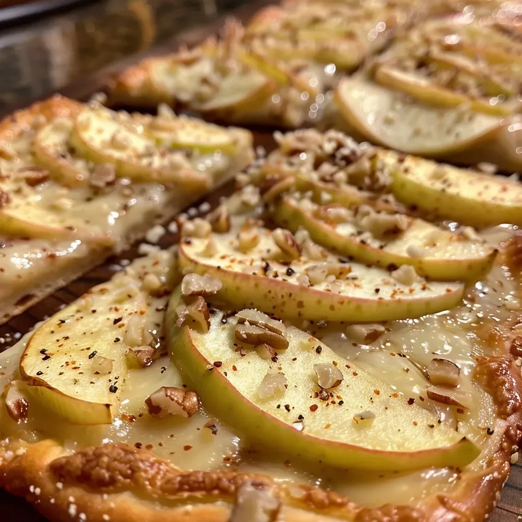 Close-up of Sweet and Spicy Apple Flatbread topped with sliced apples and pepper jack cheese.