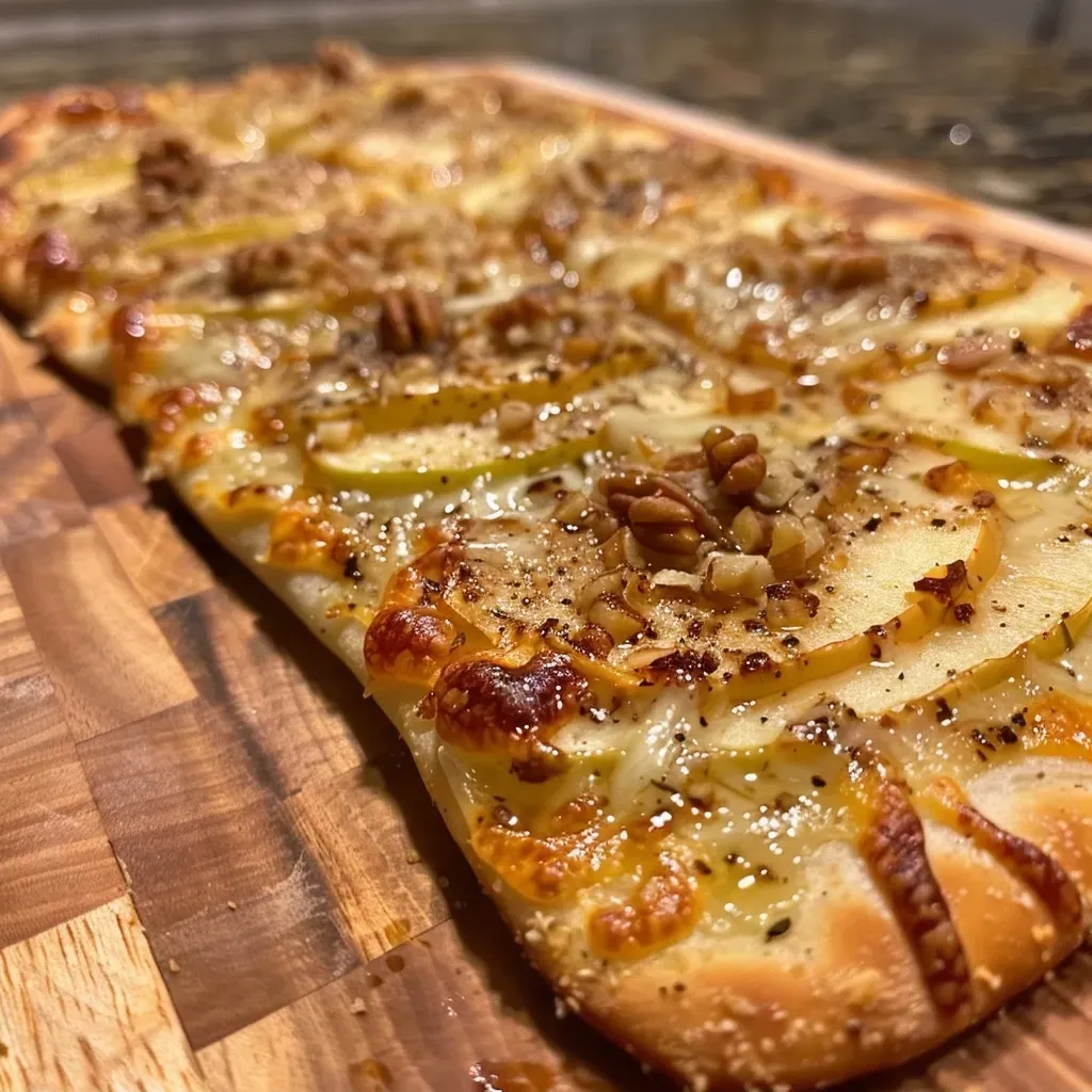 Side view of a freshly made Sweet and Spicy Apple Flatbread showcasing melted cheese and apple slices.