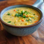 Close-up view of a bowl of golden Sweet Corn Soup, garnished with herbs.