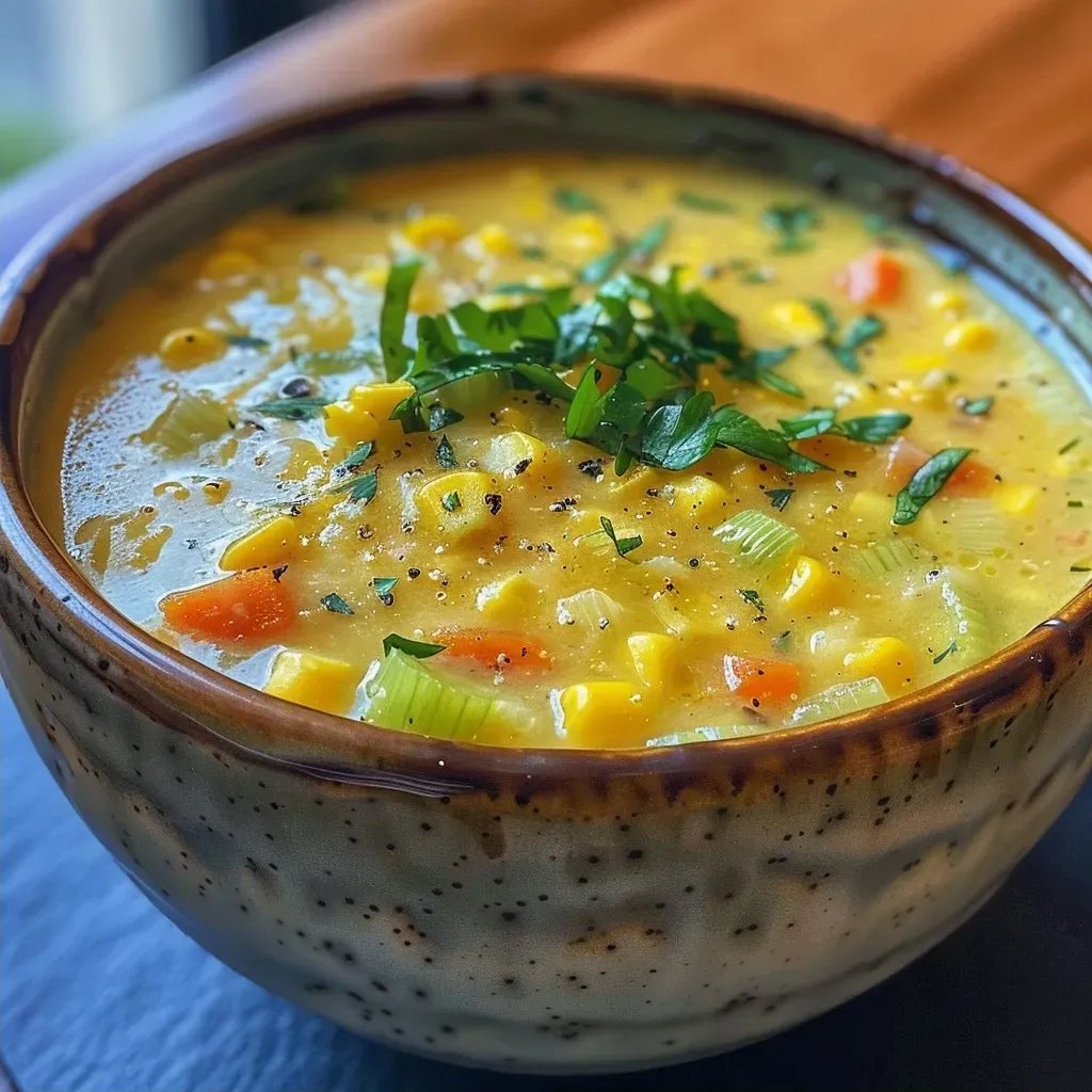 Side view of a delicious Sweet Corn Soup, showcasing its creamy texture and vibrant color.