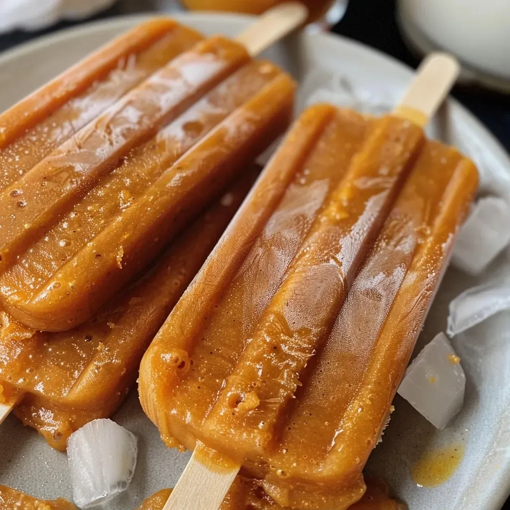 Side view of a Sweet Potato Paleta showcasing its creamy texture and rich color against a neutral background.