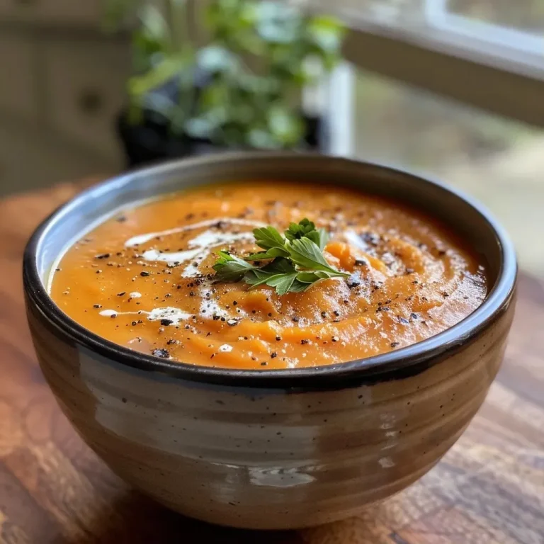 Nourishing Sweet Potato Soup for Cozy Evenings Close-up of a bowl of vibrant sweet potato soup topped with herbs.