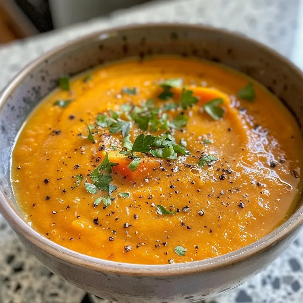 Side view of creamy sweet potato soup with a smooth texture in a rustic bowl.