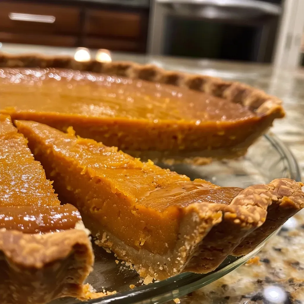 Side angle of a sweet potato tart highlighting its flaky crust and creamy filling.