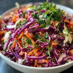Close-up view of colorful Tangy Apple Cider Vinegar Coleslaw with vibrant red cabbage and fresh ingredients.