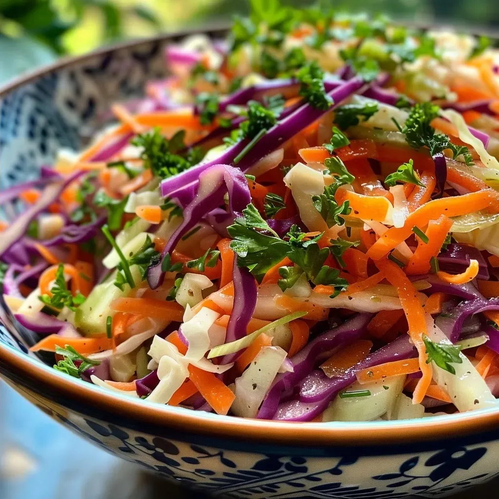 Side view of a bowl filled with juicy coleslaw, showcasing shredded cabbage, carrots, and fennel.