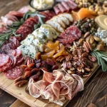 A close-up view of a Thanksgiving charcuterie board featuring various cheeses, nuts, and fruits.