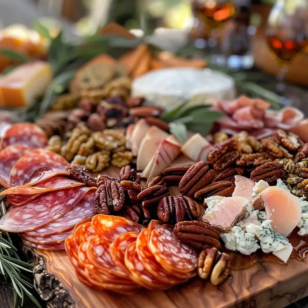 Side view photo of a festive charcuterie board decorated with maple sage pecans and goat cheese.