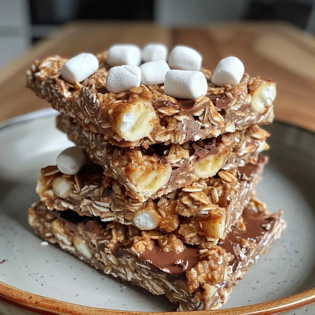 Close-up view of toasted marshmallow chocolate banana oat bars showcasing crispy edges and gooey chocolate.