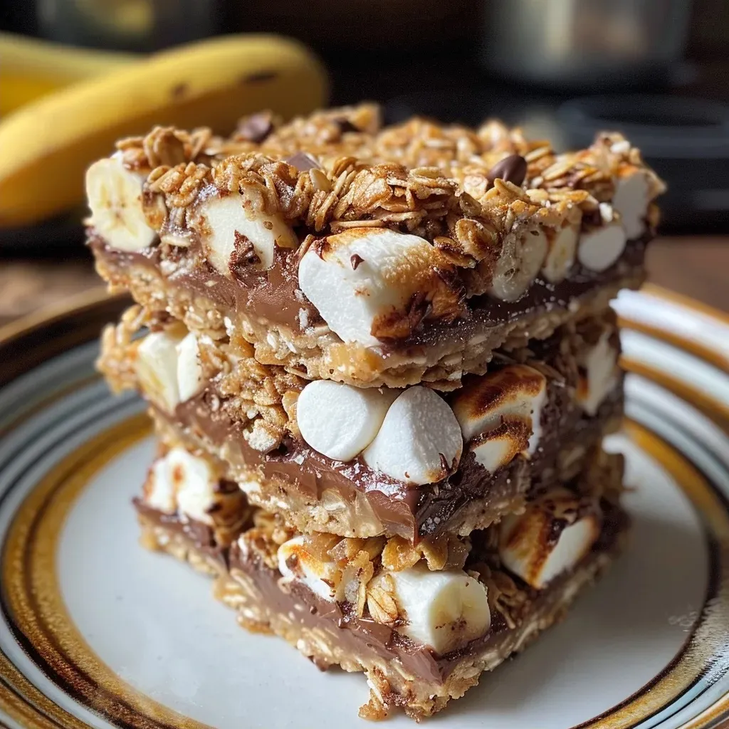 Side view of appetizing oat bars with melted chocolate and toasted marshmallows on top, highlighting textures.