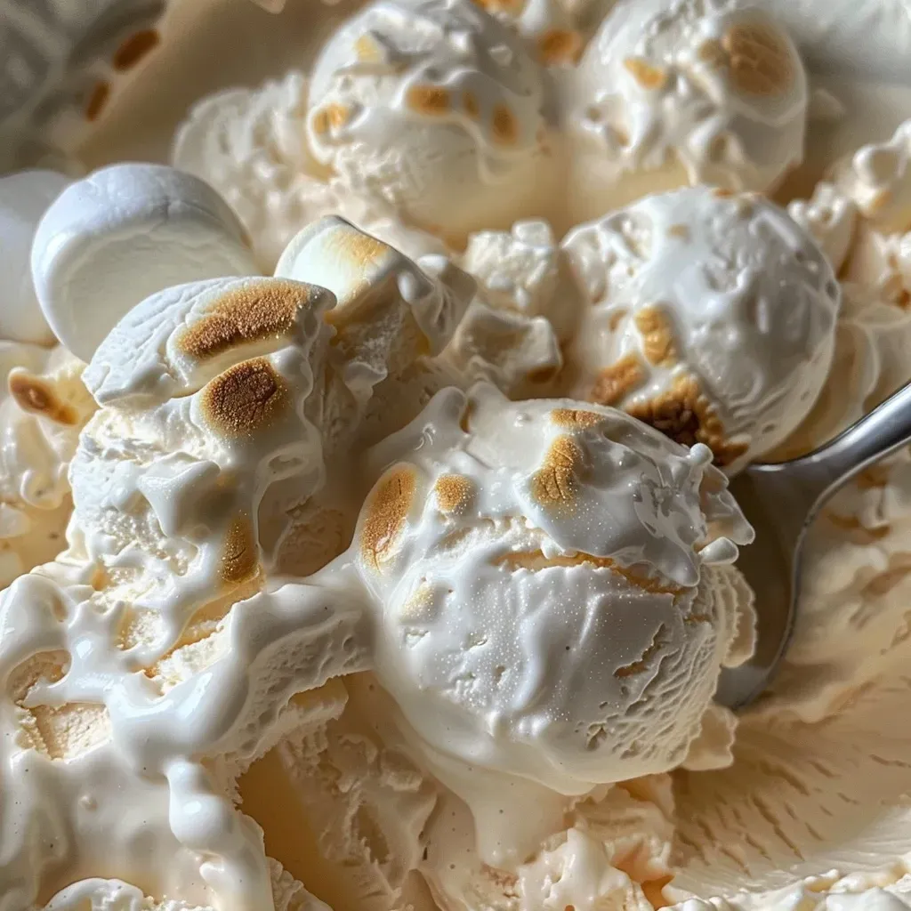 Side angle of toasted marshmallow ice cream, highlighting its texture and color.
