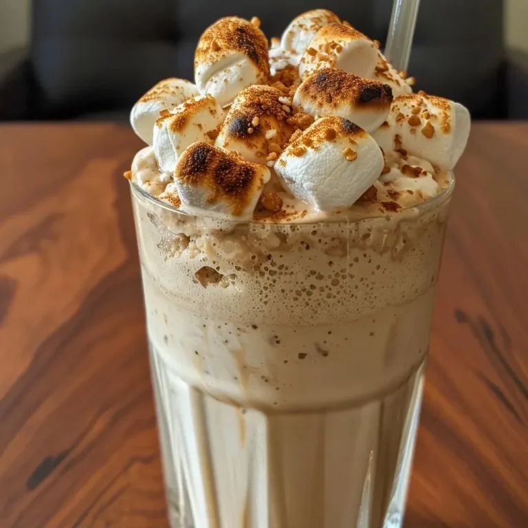 A Delightful Twist: Toasted Marshmallow Milkshakes to Brighten Your Day Close-up view of a toasted marshmallow milkshake topped with melted marshmallow and whipped cream.