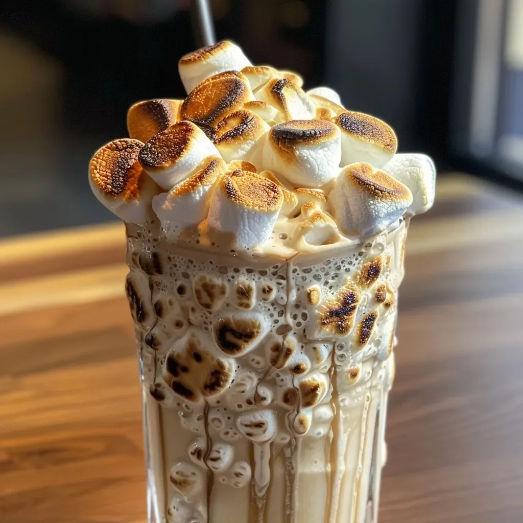 Side view of a creamy milkshake with toasted marshmallows and a straw, set against a neutral background.