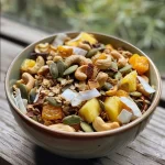 Close-up view of Tropical Trail Mix featuring cashews, pumpkin seeds, and dried fruits.