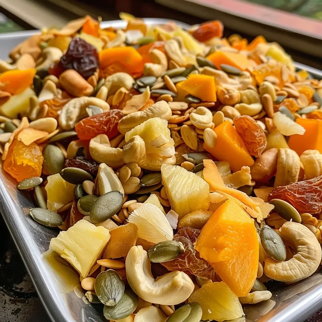 Side angle of a colorful Tropical Trail Mix with a variety of nuts and fruits.