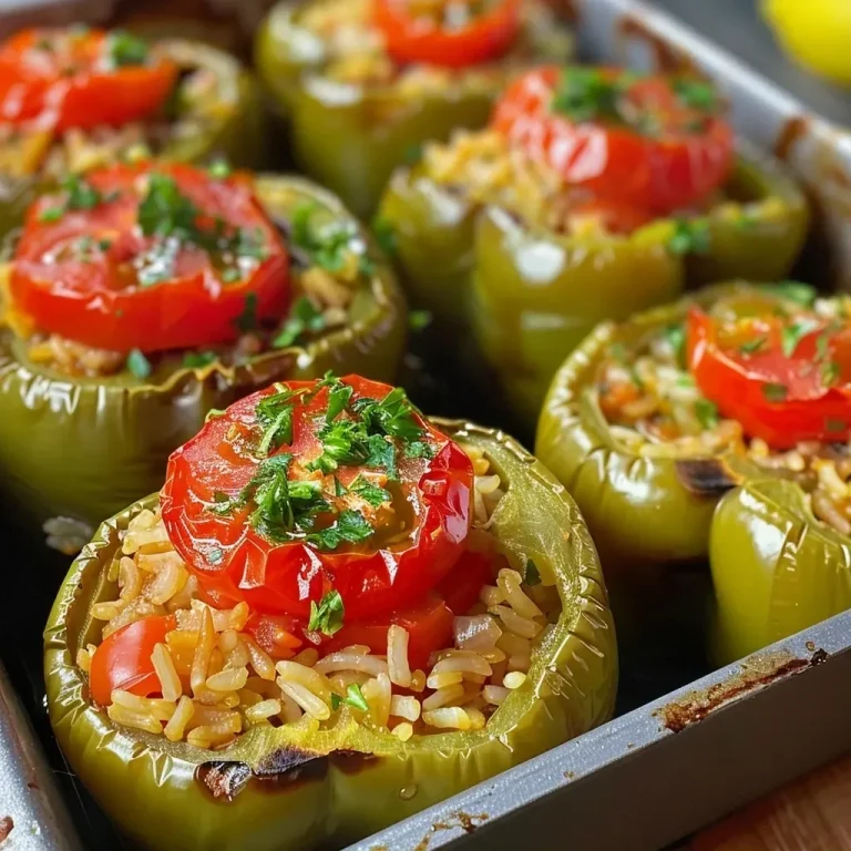 Discover the Delight of Turkish Stuffed Peppers: A Flavorful Journey Close-up view of Turkish stuffed peppers filled with rice, herbs, and spices.