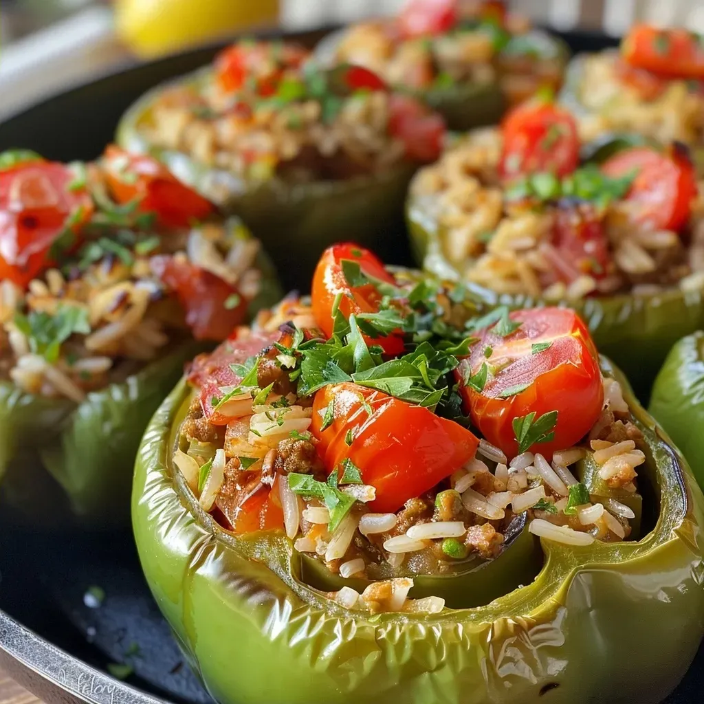 Juicy green bell peppers stuffed with a savory mixture, presented side view.