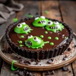 A side view of a Halloween chocolate tart with green slime monsters and toppings.