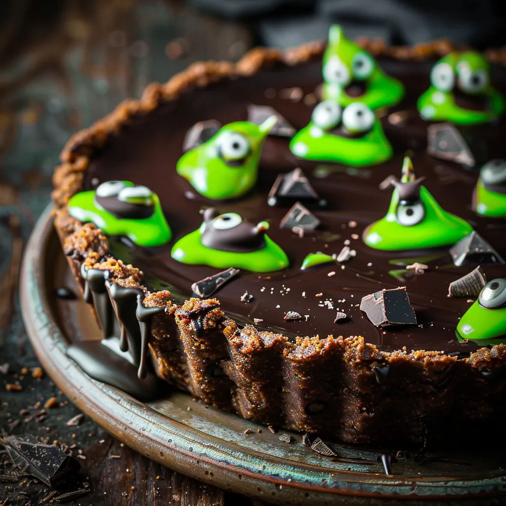 Close-up of a creamy chocolate tart decorated with green slime and sugar eyes.