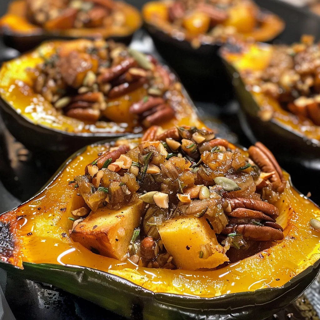 Juicy stuffed acorn squash filled with maple-cinnamon apples, topped with pecans and pumpkin seeds.
