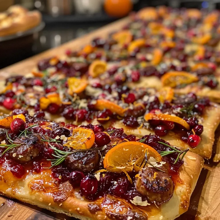 Elevate Your Snack Game with Cranberry Orange Flatbread Close-up view of a Cranberry Orange Flatbread topped with slices of Brie cheese and whole berry cranberry sauce.